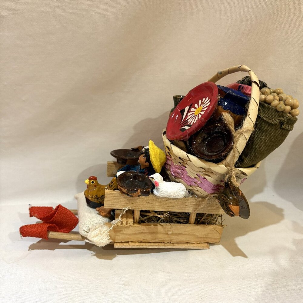 Mexican Folk Art Handmade Caravan Wood Clay Redware Pottery and Straw